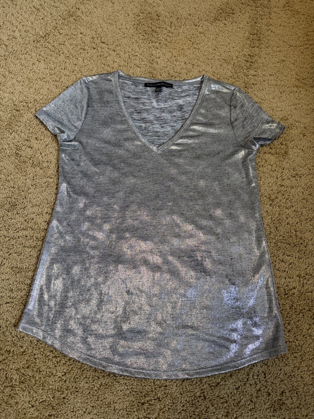 White House Black Market Metallic Silver V-Neck Tee size small